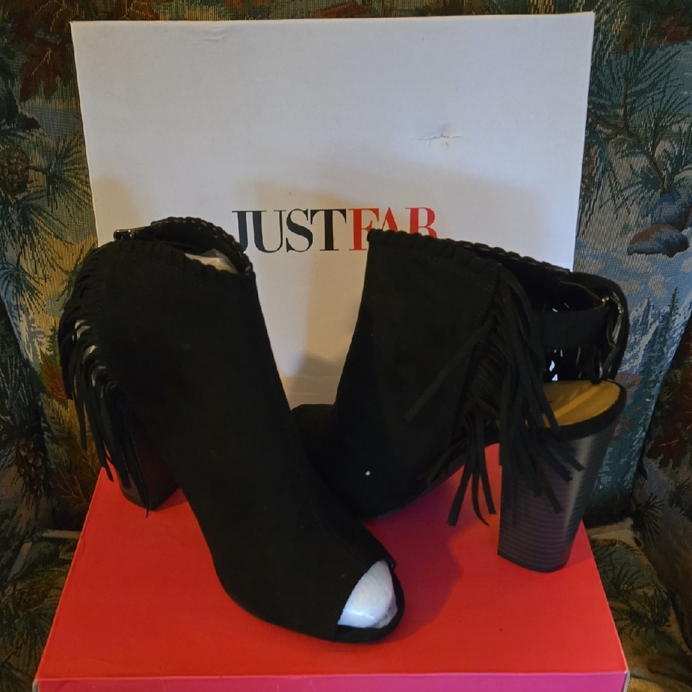 JustFab Black Fringe Peep-Toe Heeled Boots